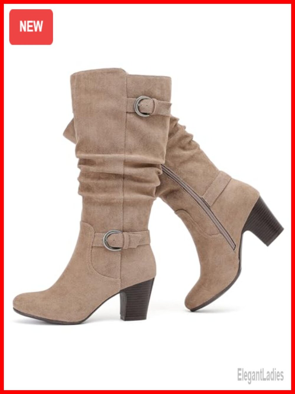 Ruiee Women's Knee High Slouchy Heeled Boots Faux Leather Pointed Toe